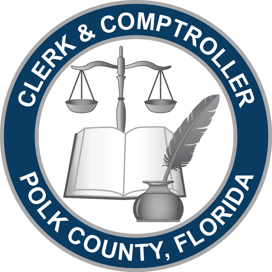 Clerk of Courts logo showing evenly-balanced scales, an open book, and a quill and ink set.